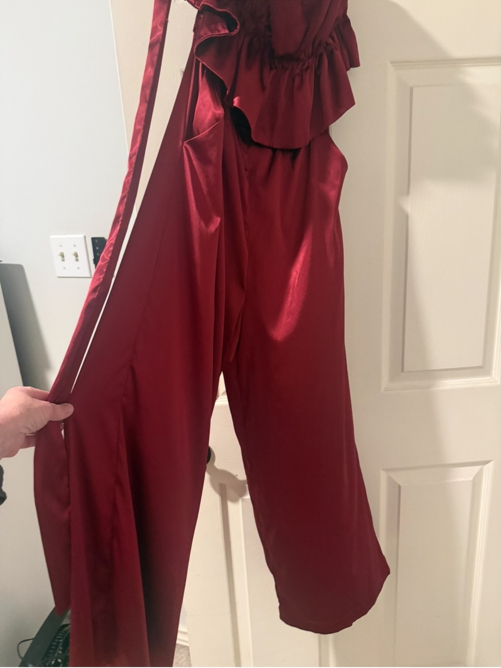 mittoshop Satin Ruffle Wide-Leg Jumpsuit in Burgundy